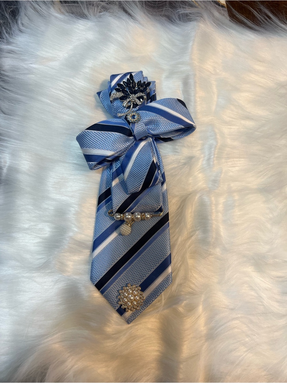 Light Blue Striped Tie with Pearl & Rhinestone Accents